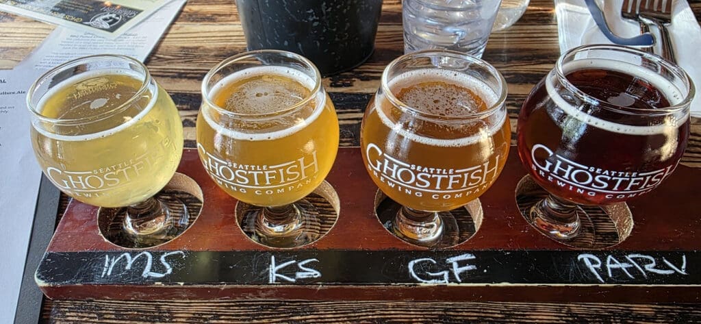 Ghostfish gluten-free flight of Meteor Shower, Kickstep, Grapefruit, and Parvenu